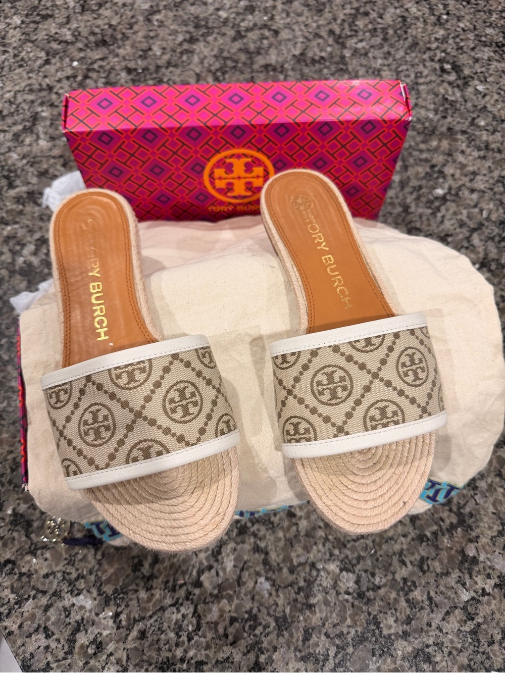 Tory Burch Beige Logo Canvas Slide Sandals